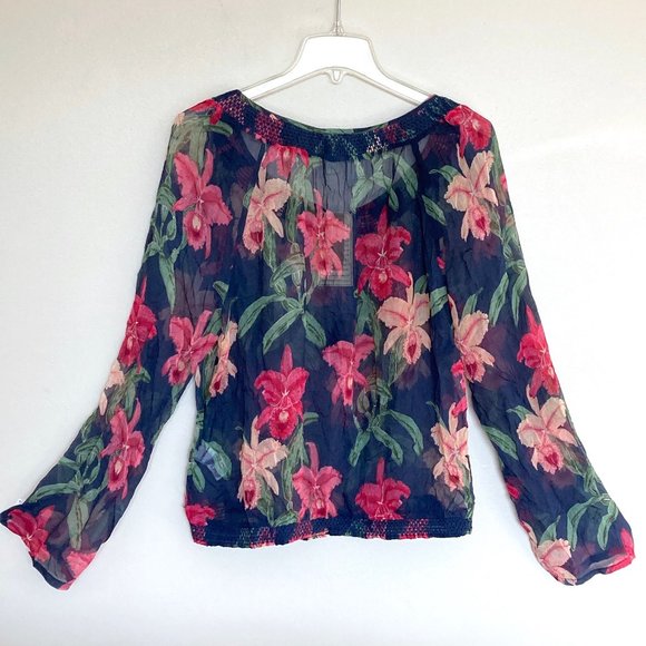 NEW Lucky Brand Silk Blouse Sheer Peasant Poet Top Hawaiian Floral Shirt - Picture 6 of 7